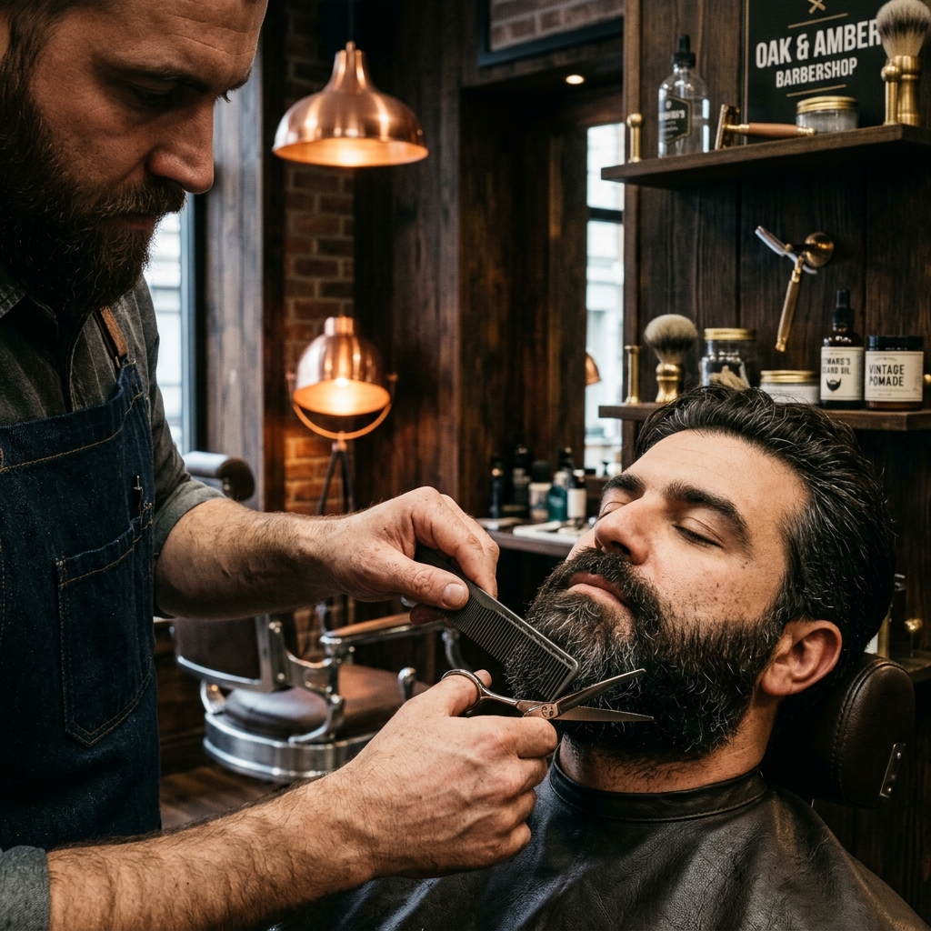 Barber working meticulously on a beard