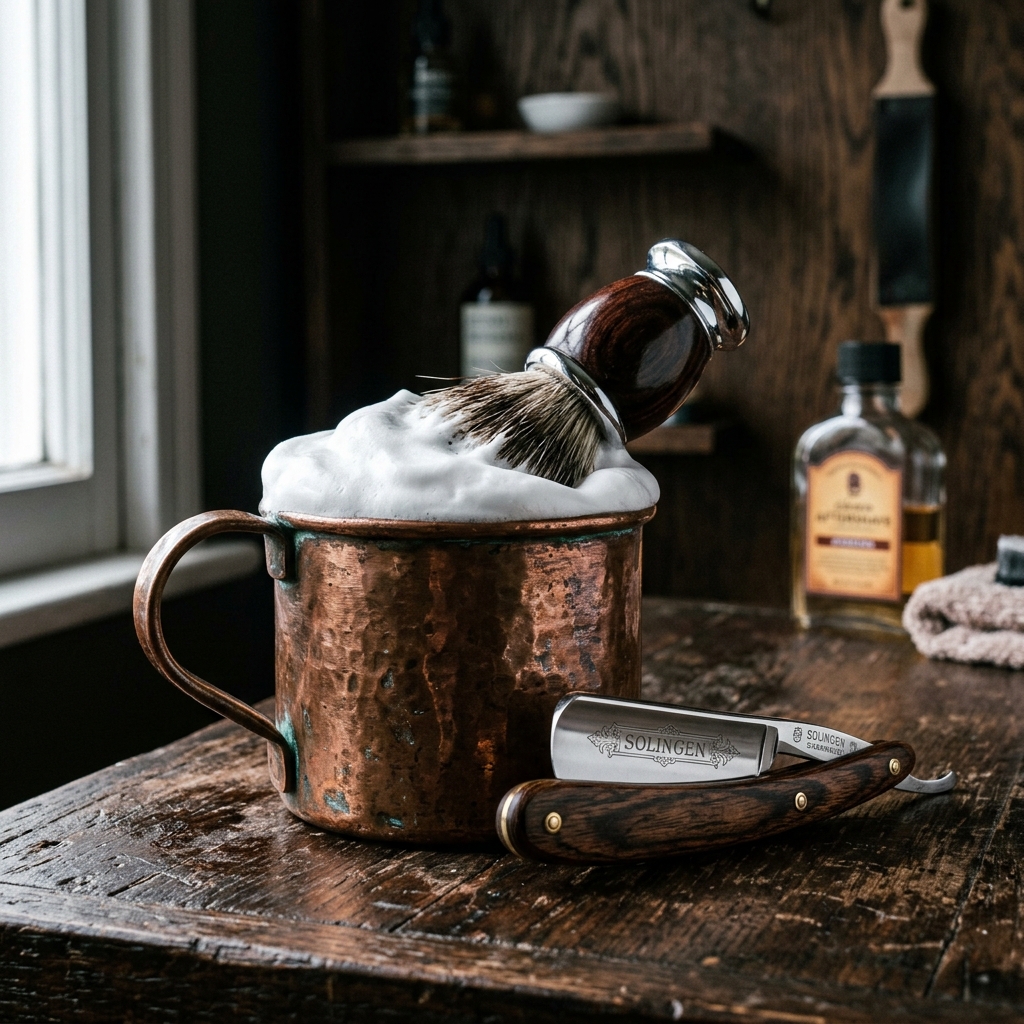 Ritual de afeitado con espuma de afeitar en taza de cobre